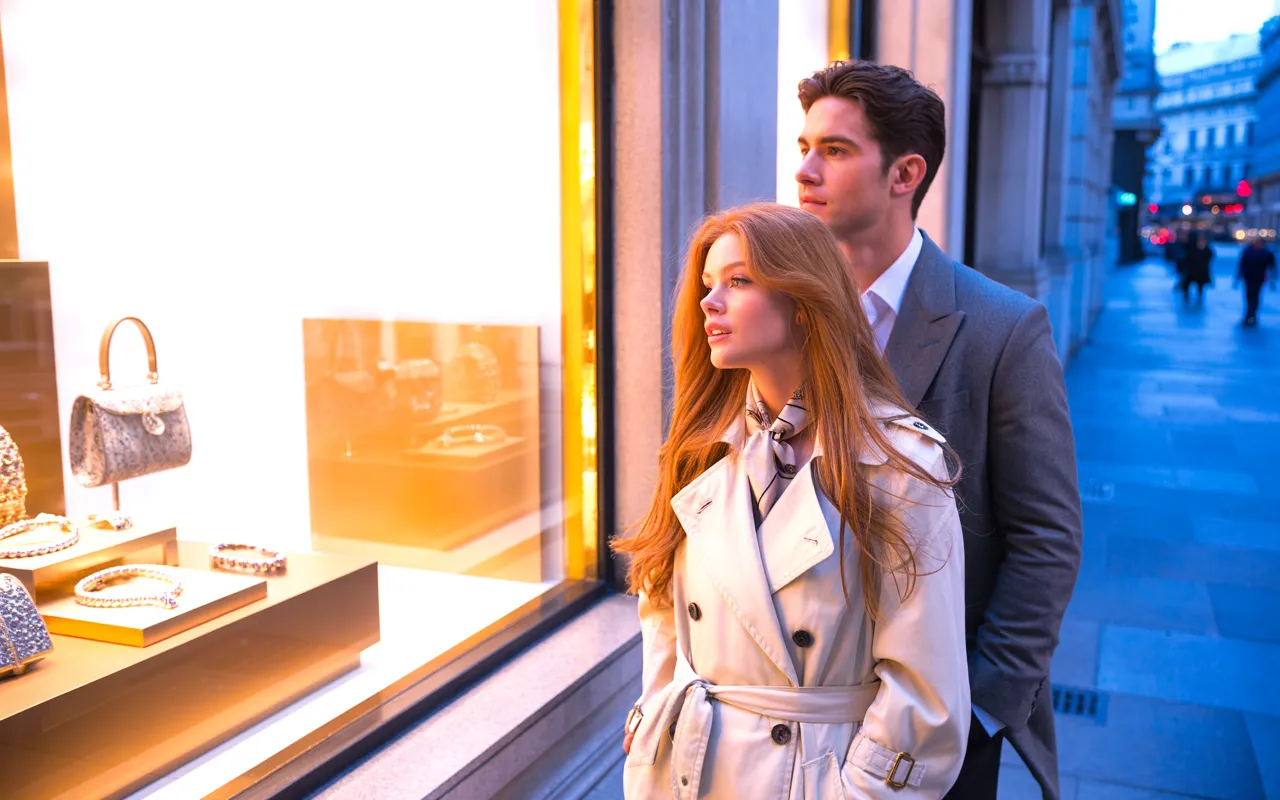 Couple comparing vaccine costs while shopping on Bond Street London