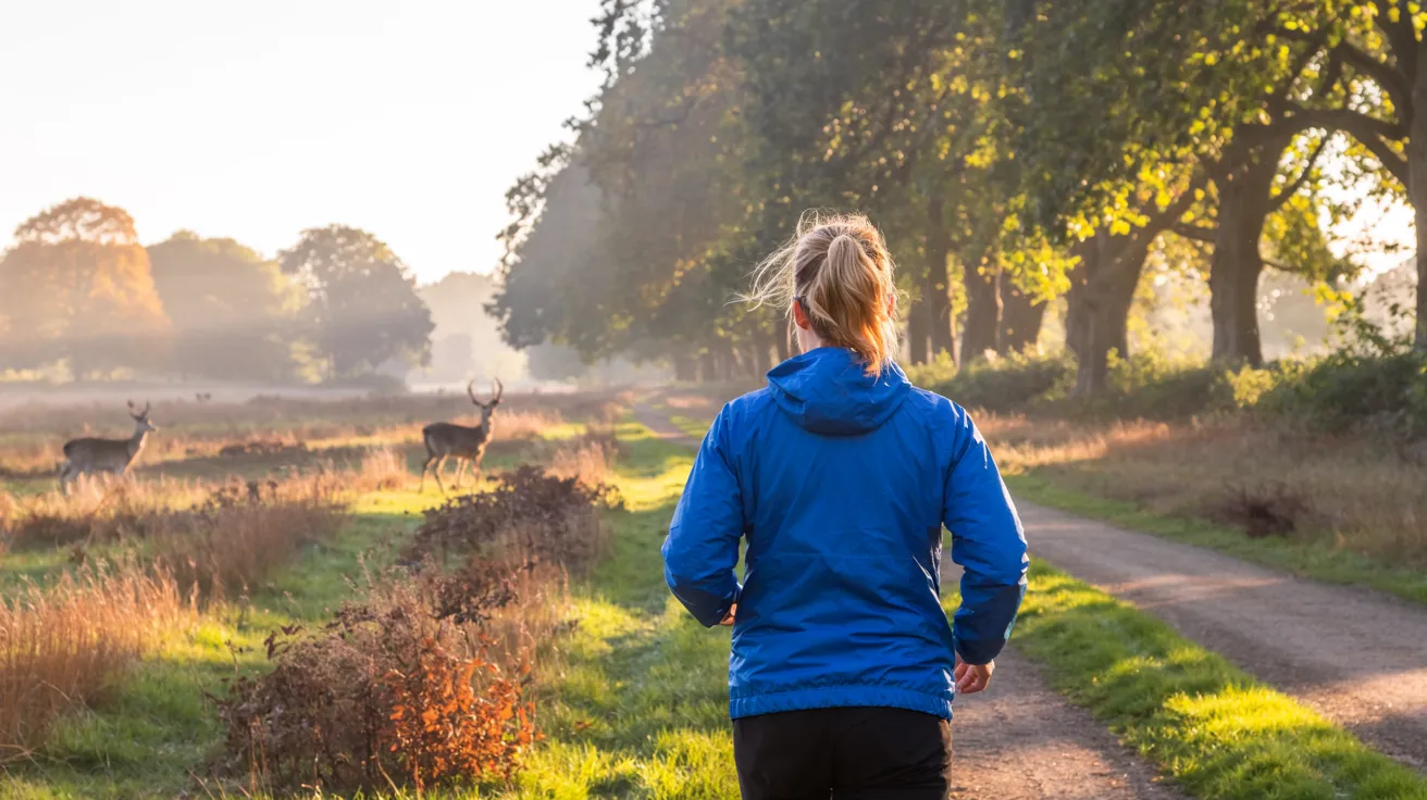 Person jogging through Richmond park London Person jogging through Richmond park London