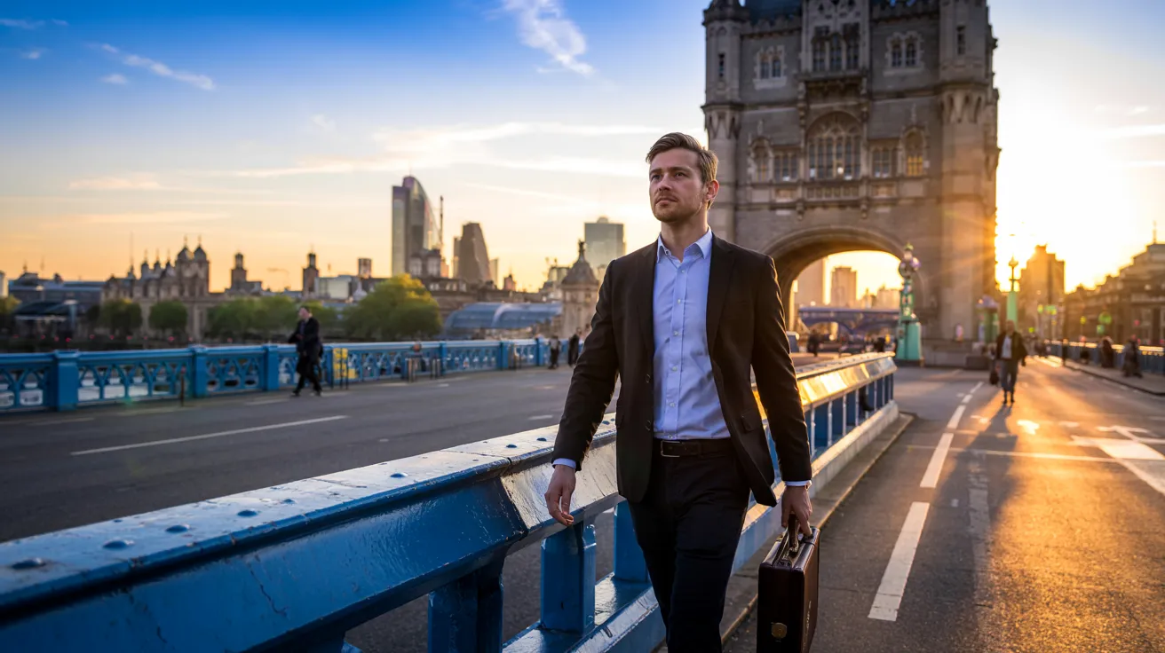 Professional person walking across tower bridge Professional person walking across tower bridge