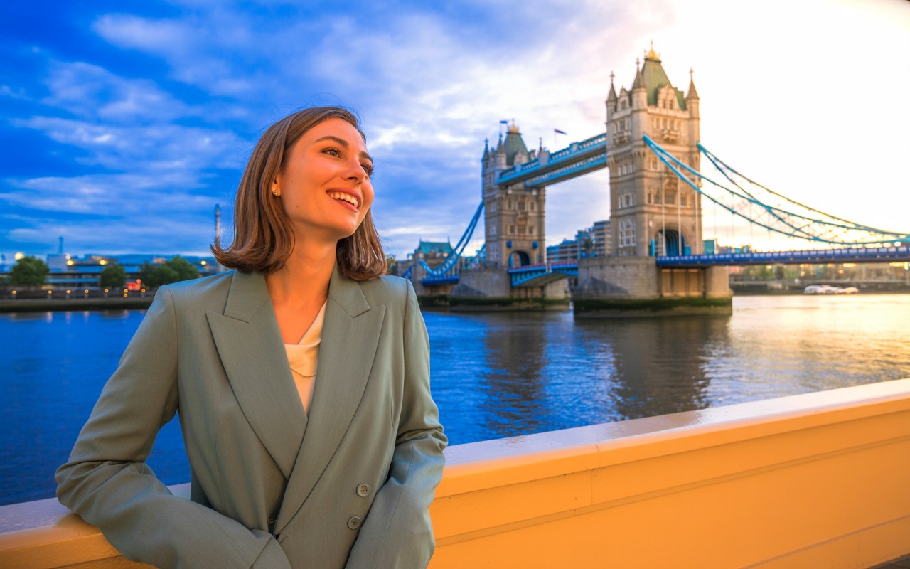 Confident London woman after HPV vaccine cervical cancer prevention near Tower Bridge Thames