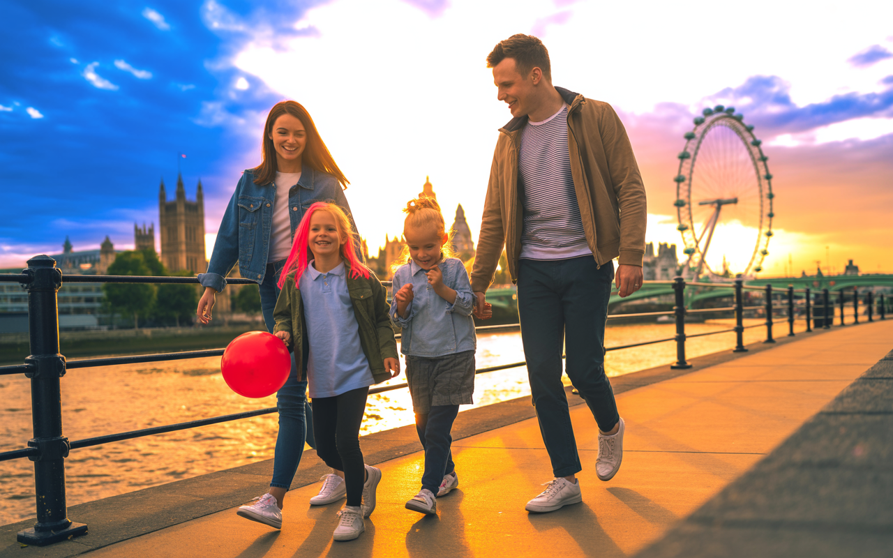Family with teenage daughter protected by HPV vaccine cervical cancer prevention walking Thames London Eye Big Ben