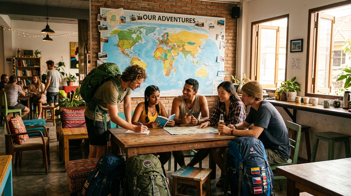 Backpackers in hostel common area - gap year travellers should consider private Meningitis B vaccination before travel