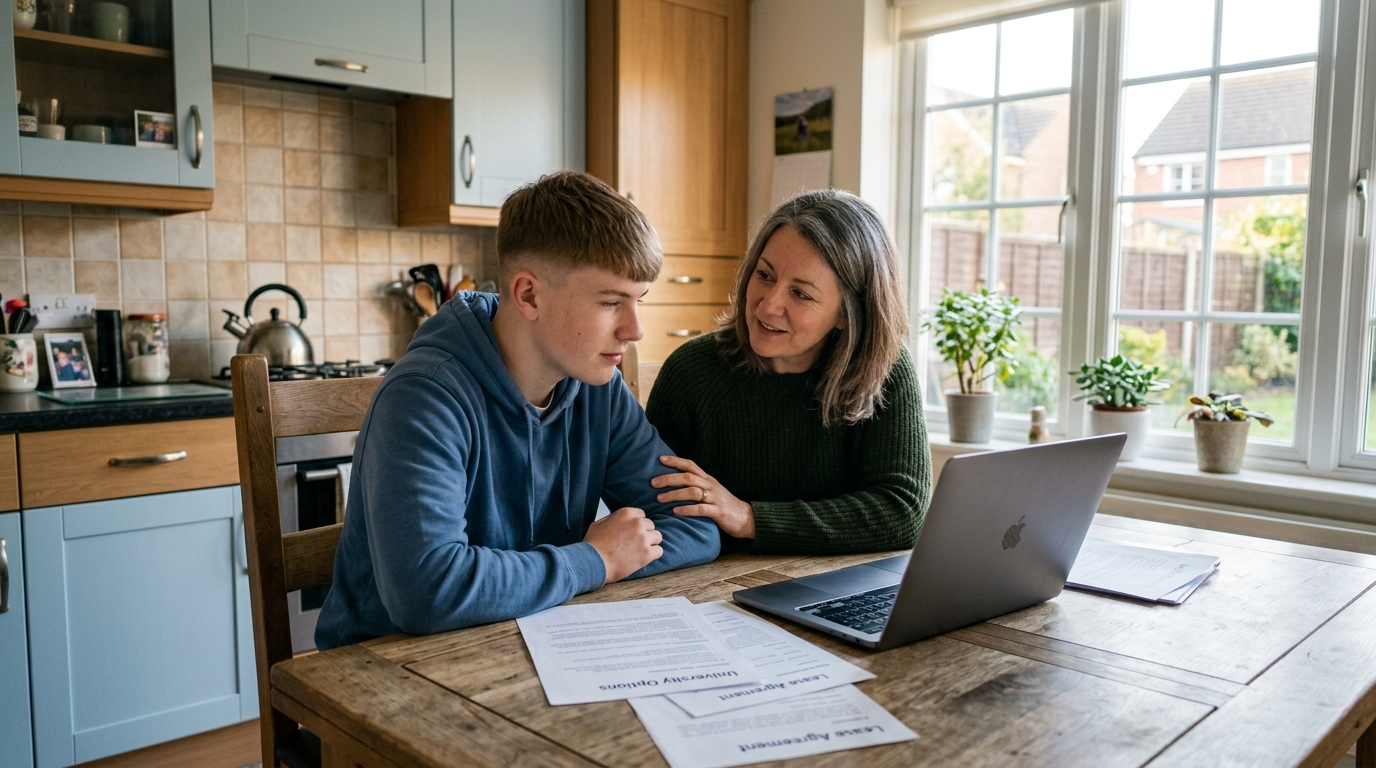 Parent and teenager discussing health decisions at home - Meningitis B vaccination consultation before university