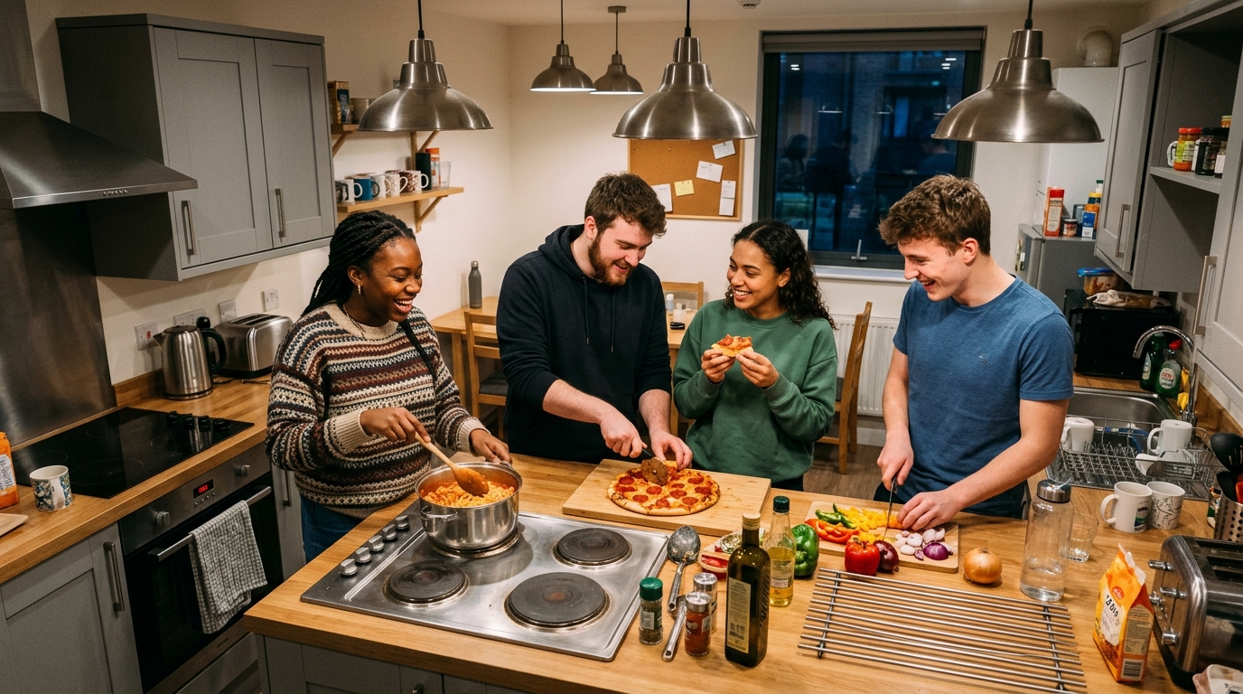 University students in shared halls kitchen London - close-contact environment where Meningitis B transmission risk is higher