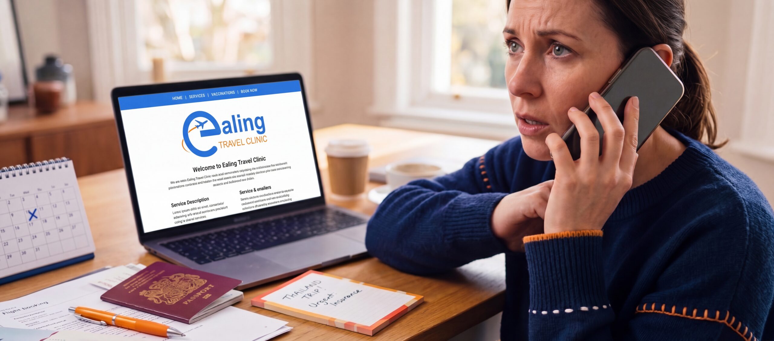 Traveler urgently calling Ealing Travel Clinic for last-minute Thailand vaccination appointment before departure