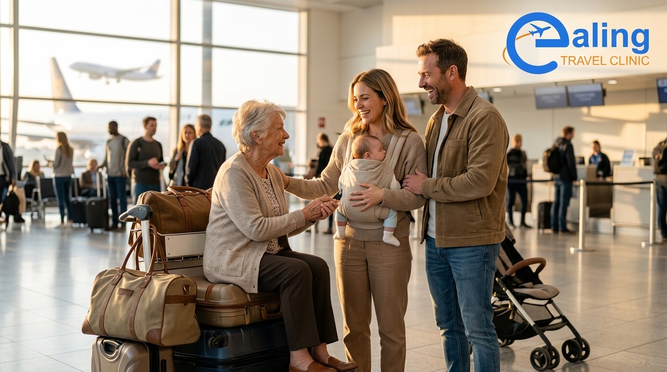 Multi-generational family traveling together - whooping cough vaccination protects vulnerable infants during family visits abroad