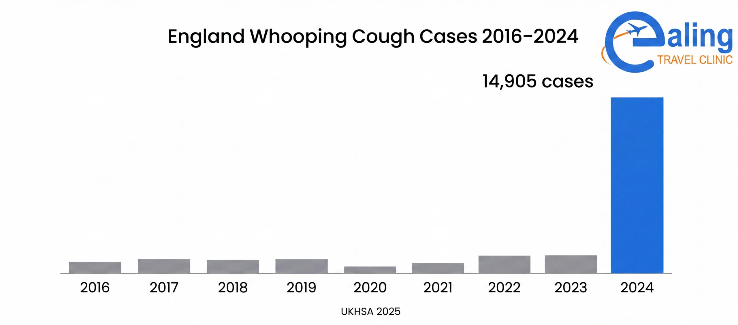 UK whooping cough outbreak 2024 — confirmed cases England England whooping cough cases 2016 to 2024 UKHSA data showing 2024 outbreak