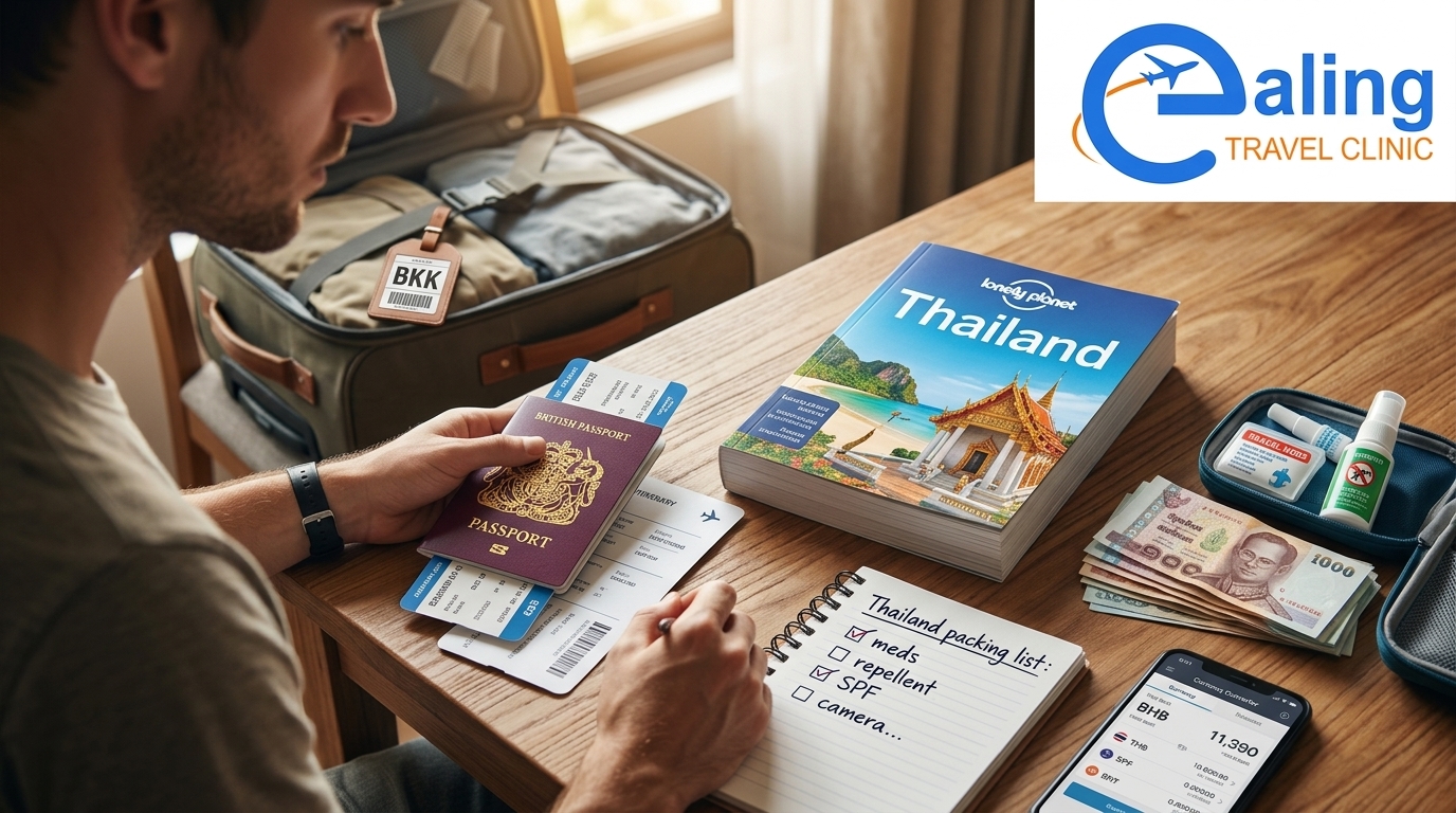 Last-minute traveler preparing for Thailand departure - same-day vaccination available at Ealing Travel Clinic London
