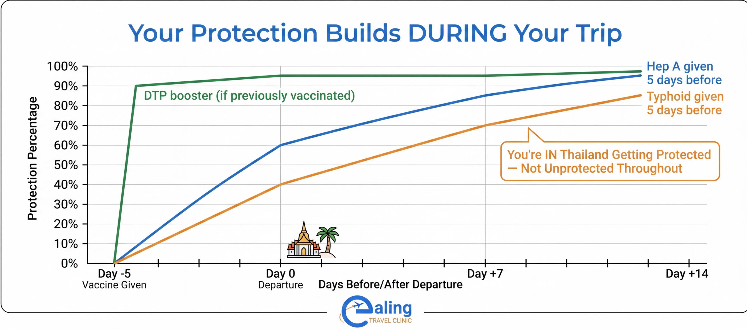 Graph showing vaccine protection building during Thailand trip for last-minute travelers - Ealing Travel Clinic