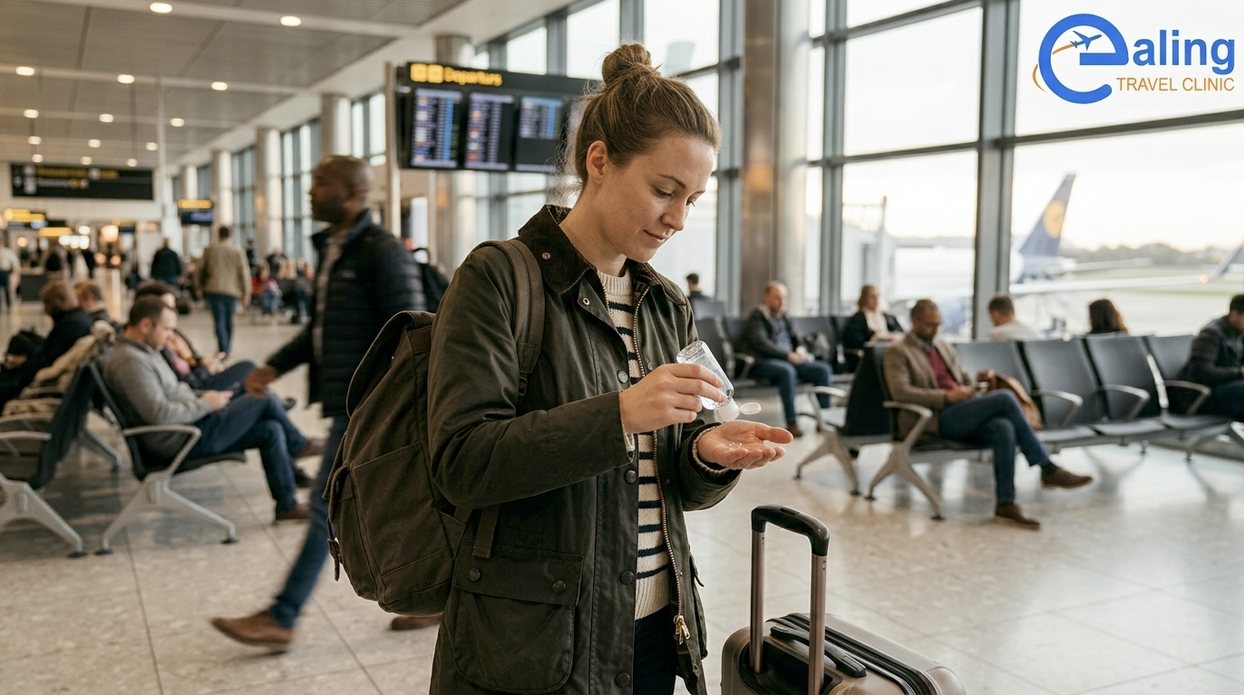 Traveler using hand sanitizer in public transport - practical whooping cough prevention strategy alongside vaccination for London travelers