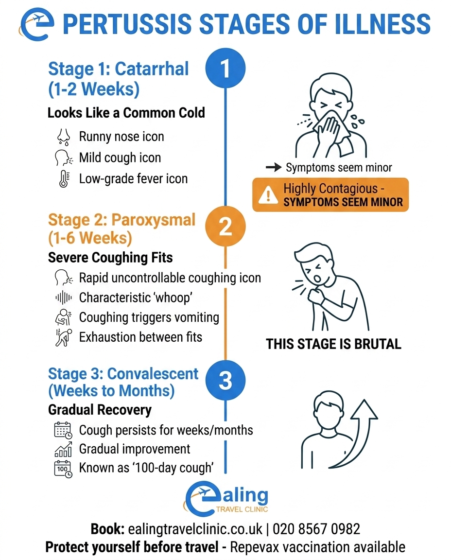 Whooping cough three stages infographic showing catarrhal, paroxysmal and convalescent phases - Ealing Travel Clinic London