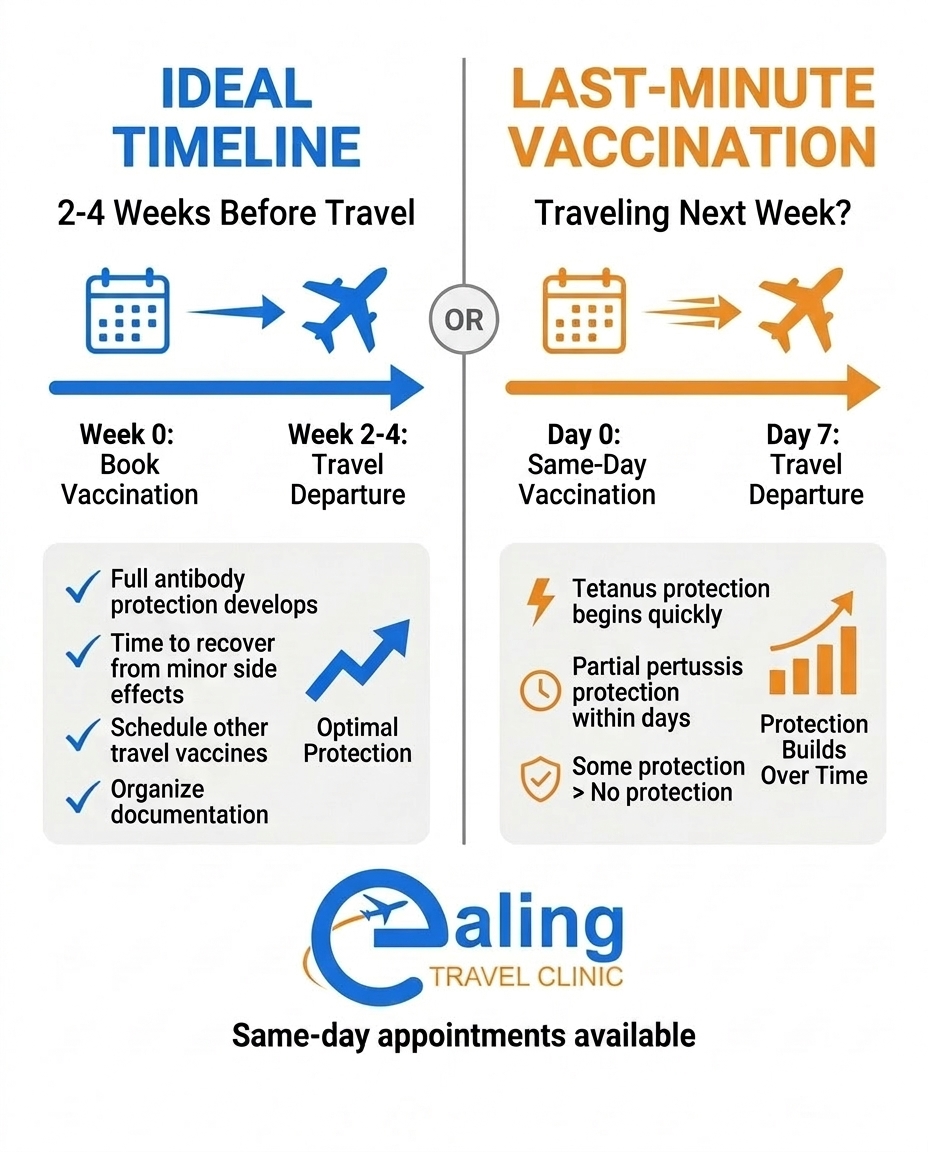 Whooping cough vaccination timeline showing ideal 2-4 week schedule versus last-minute same-day option - Ealing Travel Clinic London