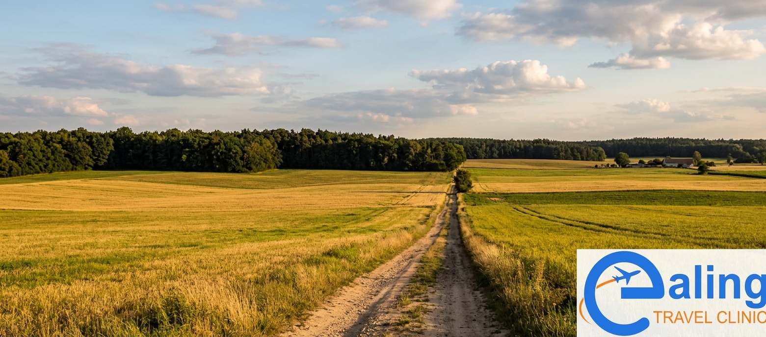 Open agricultural landscape bordering woodland in rural Eastern Europe, an environment associated with tick-borne encephalitis risk