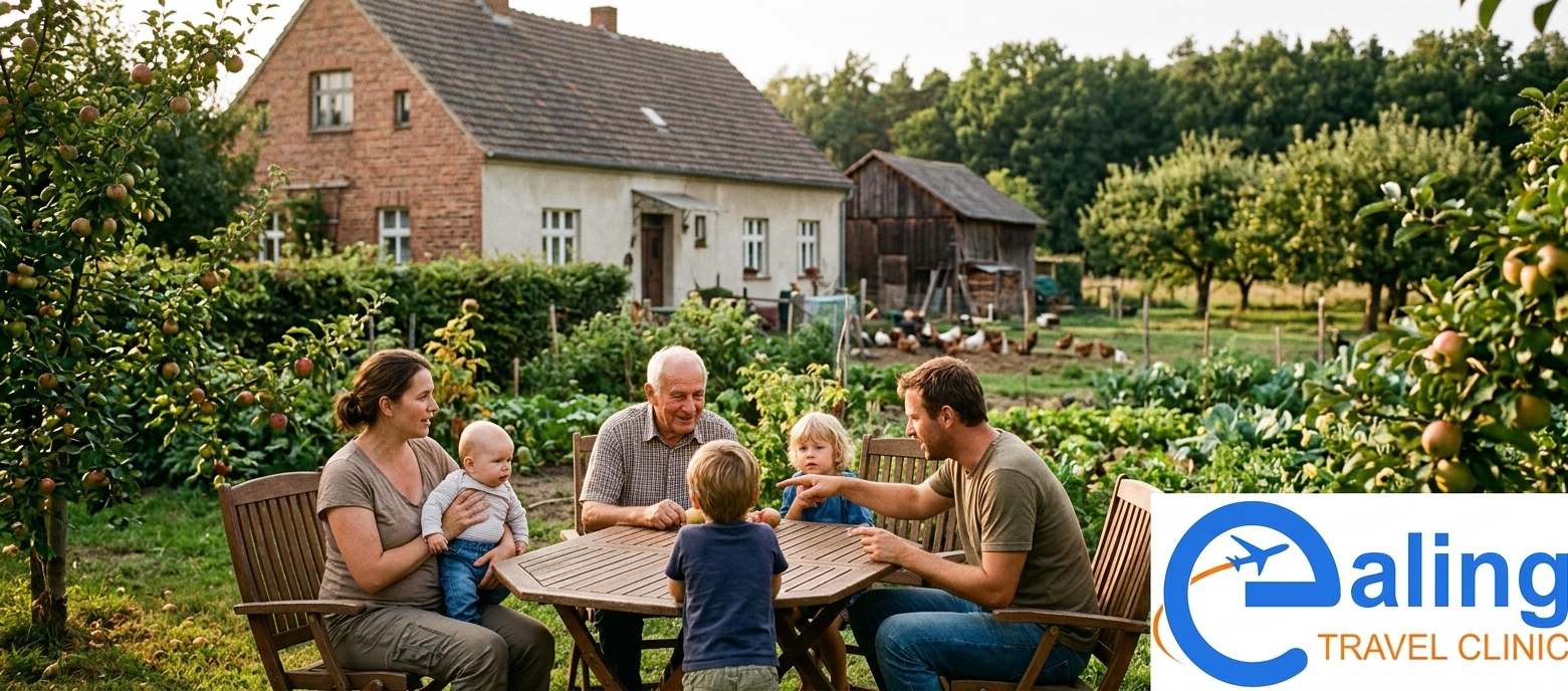 Multigenerational family relaxing outdoors in a rural garden in Eastern Europe, a common setting for tick exposure among London's diaspora community