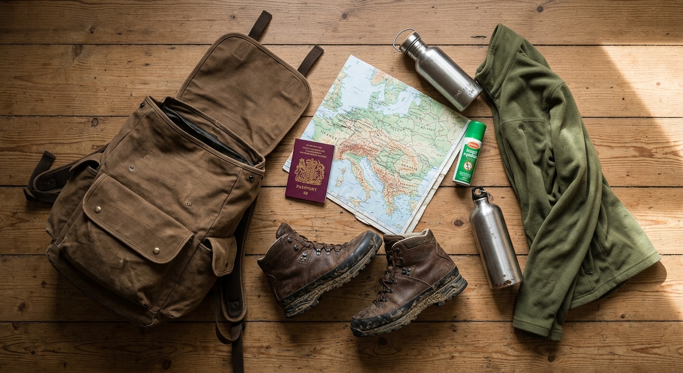 Travel essentials laid out before a trip to Central or Eastern Europe, including passport, map and hiking boots — representing the importance of pre-travel vaccination