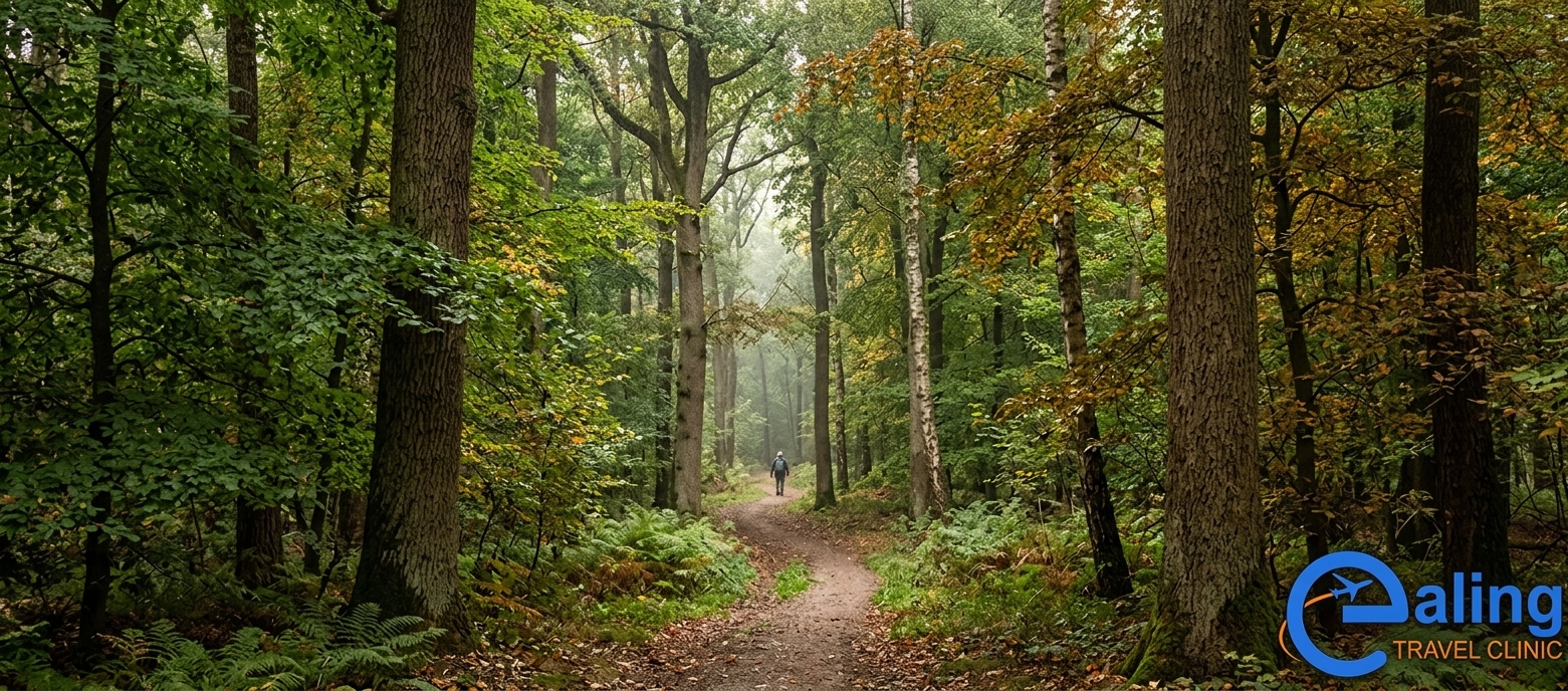 Dappled woodland trail through deciduous forest in Central Europe, representing tick-borne encephalitis risk areas