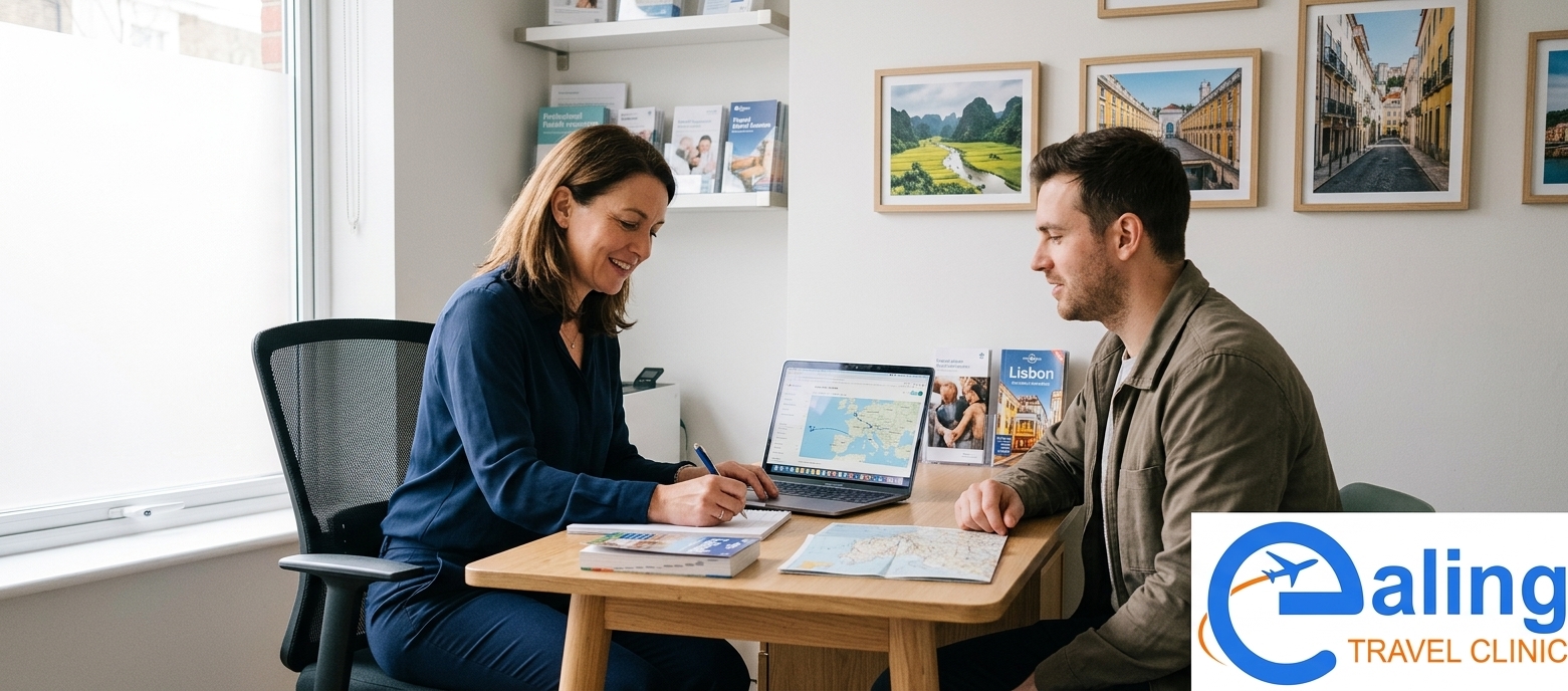 A travel health professional in consultation with a patient, reviewing travel plans and vaccination options