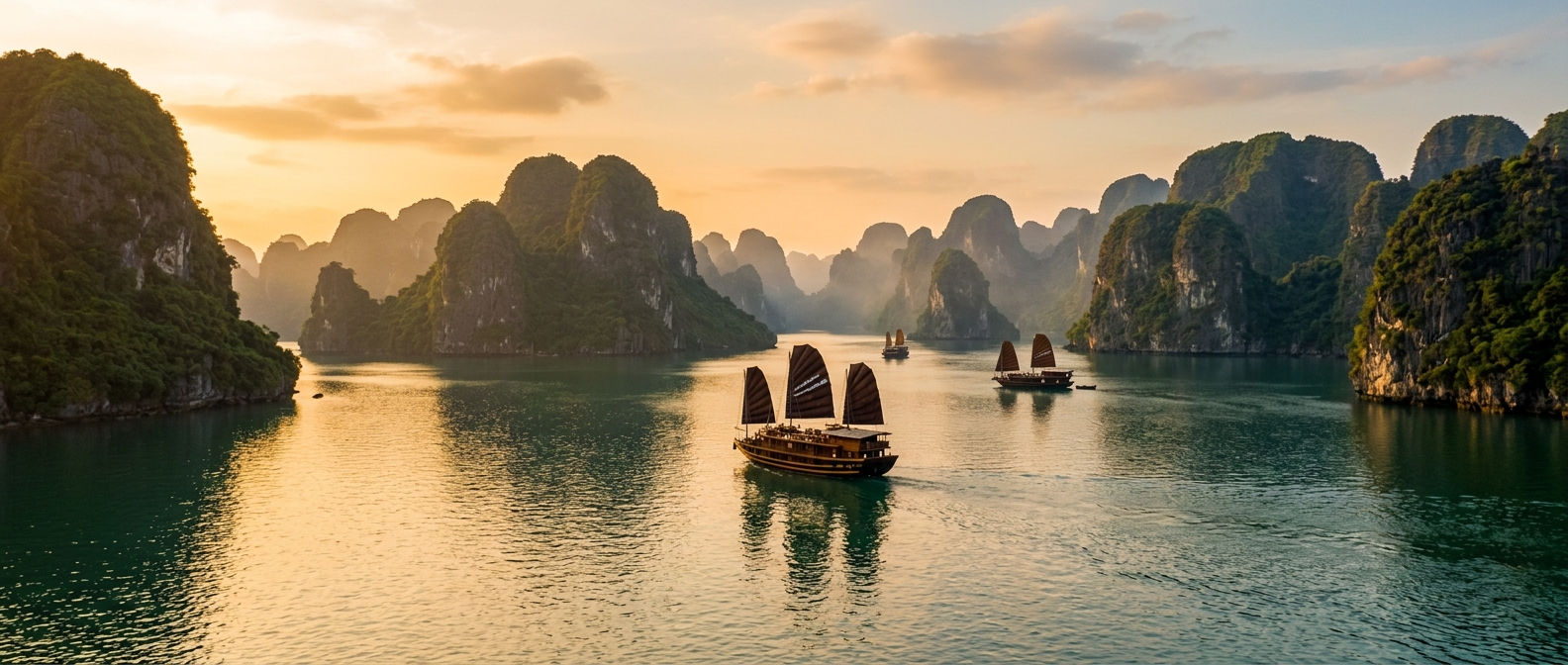 Vietnam travel vaccines Vietnam travel vaccines: traditional junk boats among the limestone karsts of Ha Long Bay