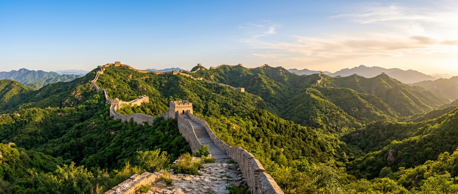 China travel vaccines China travel vaccines: the Great Wall of China winding over forested mountains