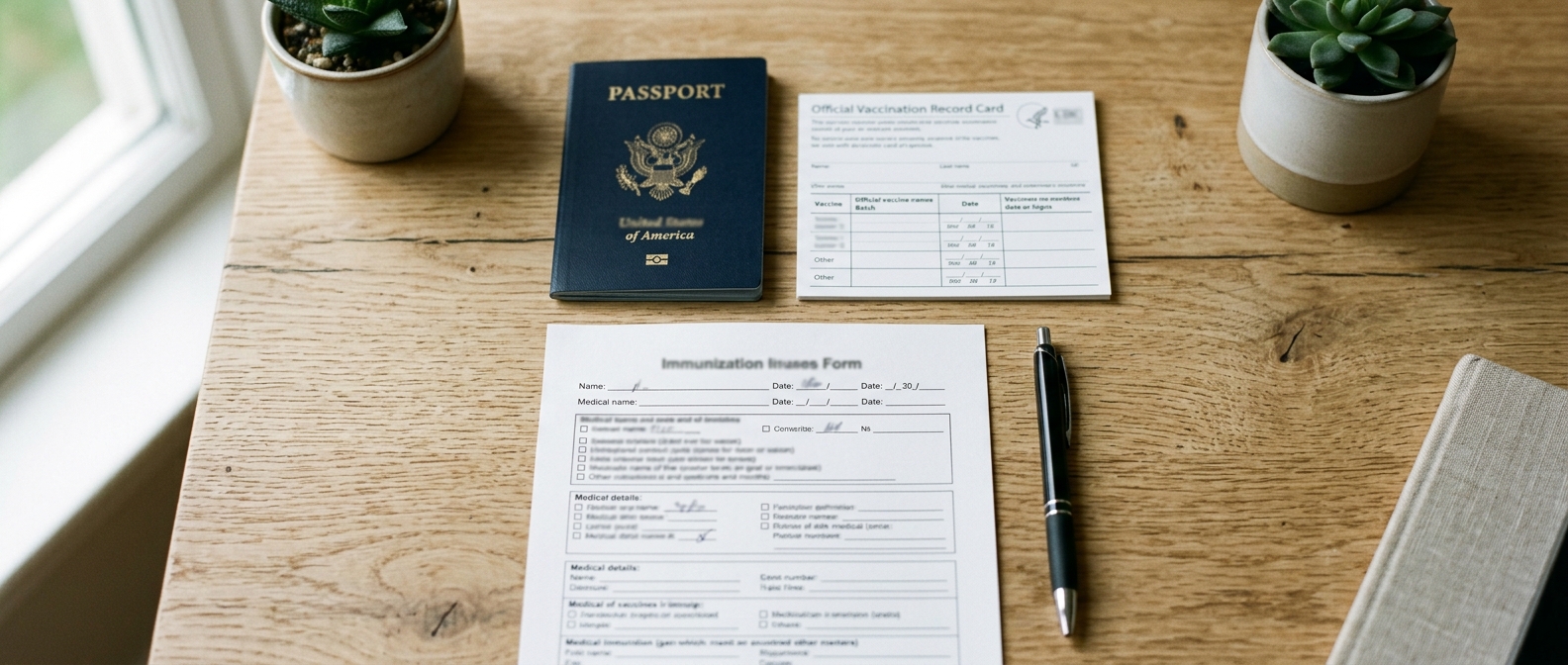 Passport, vaccination record and university immunisation form for a whooping cough (pertussis) requirement